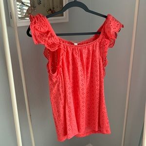 Loft size large coral eyelet and ruffle sleeve top 100% cotton